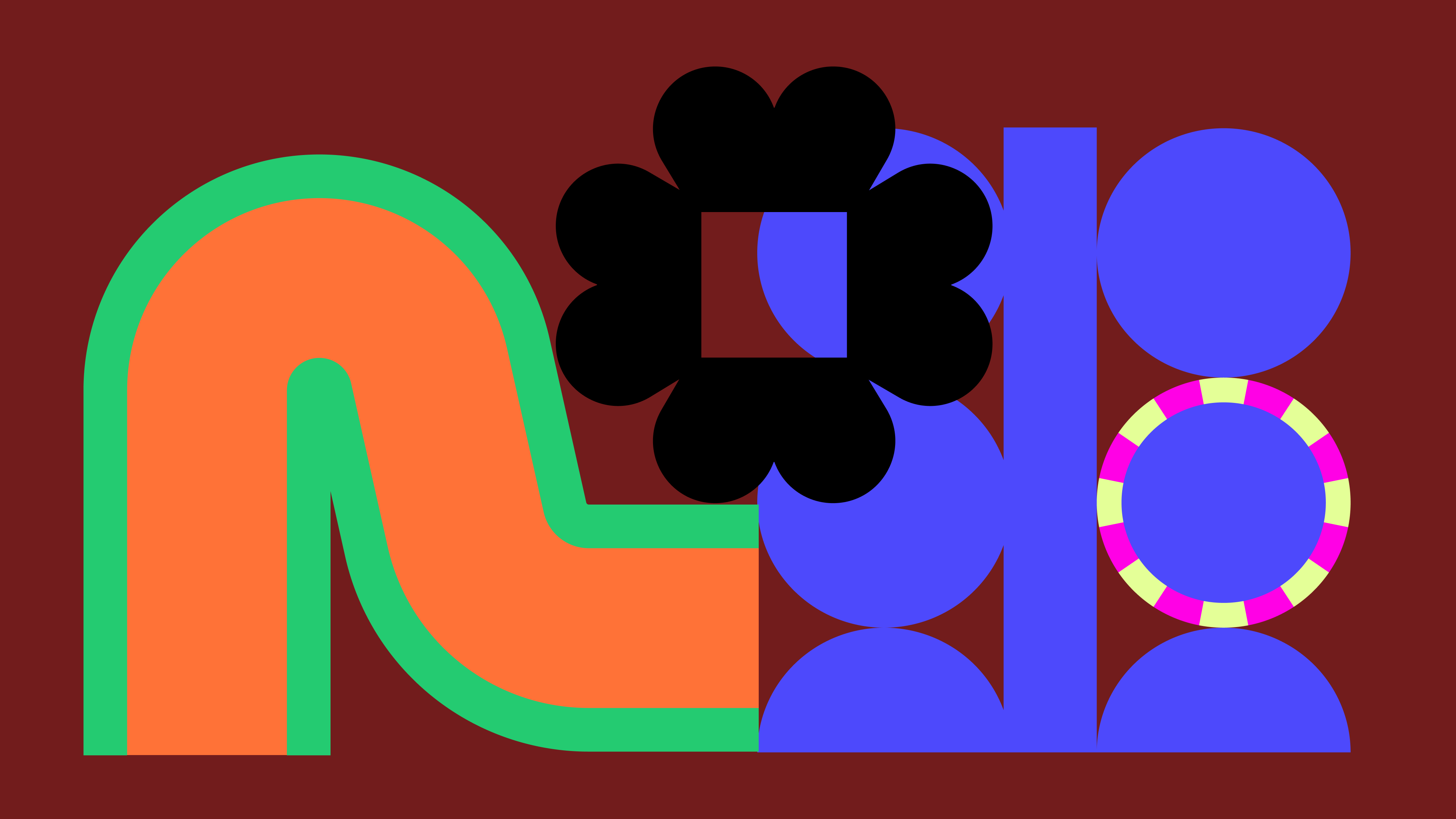 Abstract geometric artwork on a dark red background featuring bold orange, green, black, blue, yellow, and magenta shapes, including a curved ribbon, flower-like form, stacked circles, and a striped ring.
