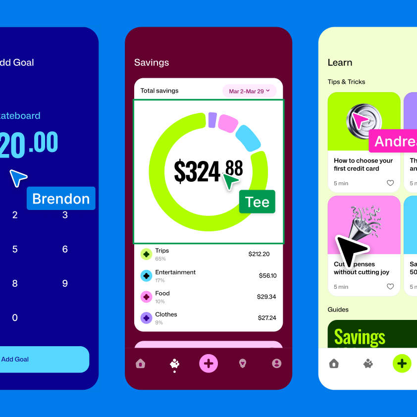 Figma canvas showing three mobile app screens for a financial app with real-time collaborator avatars visible, demonstrating multi-user simultaneous editing