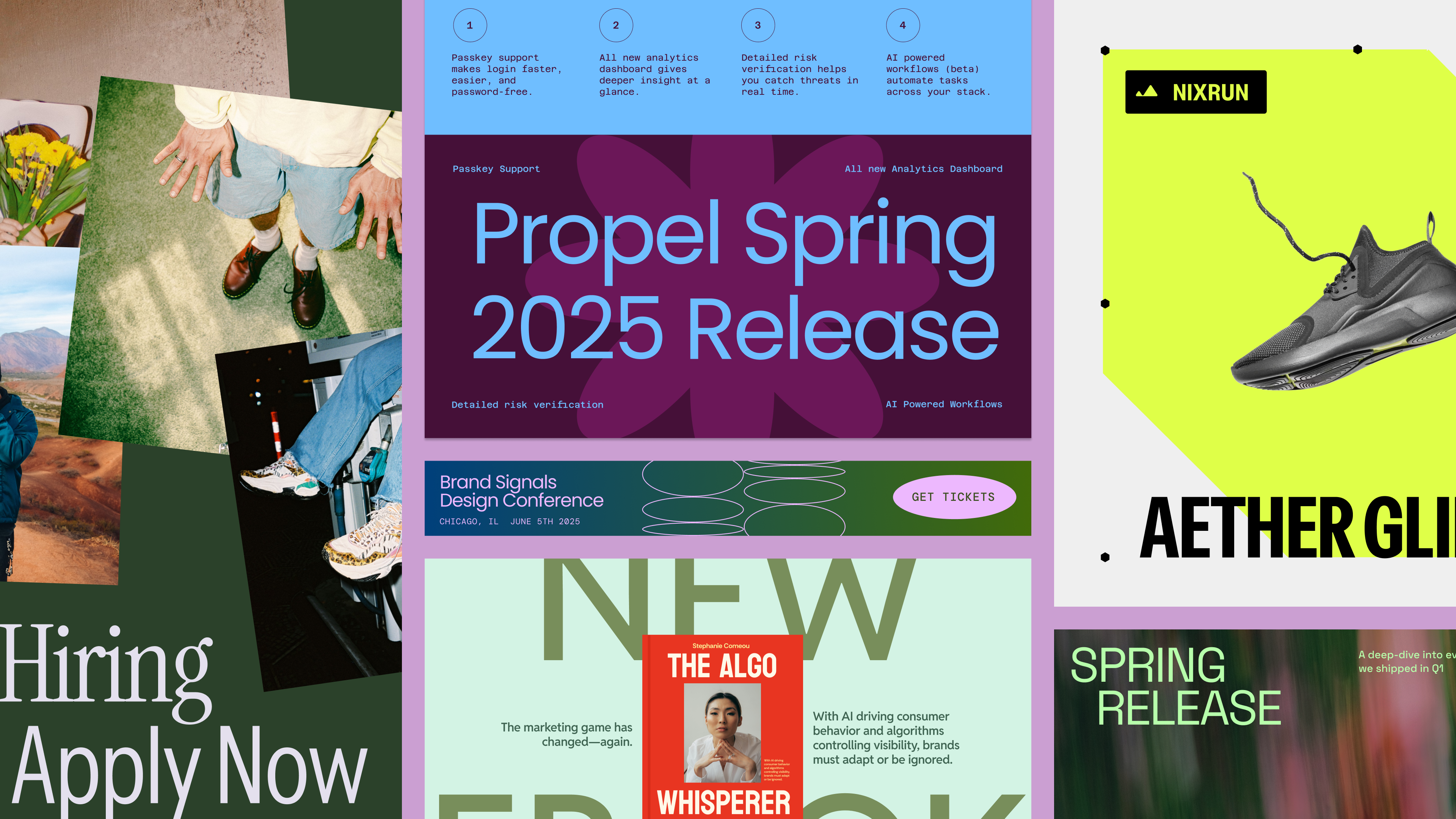 Social media template collage with Propel Spring 2025 Release announcement, job listings, Nixrun athletic shoe, and digital marketing ebook advertisement.