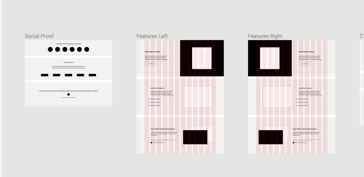 Three web page layout mockups titled 'Social Proof', 'Features Left', and 'Features Right', with placeholder text and images.