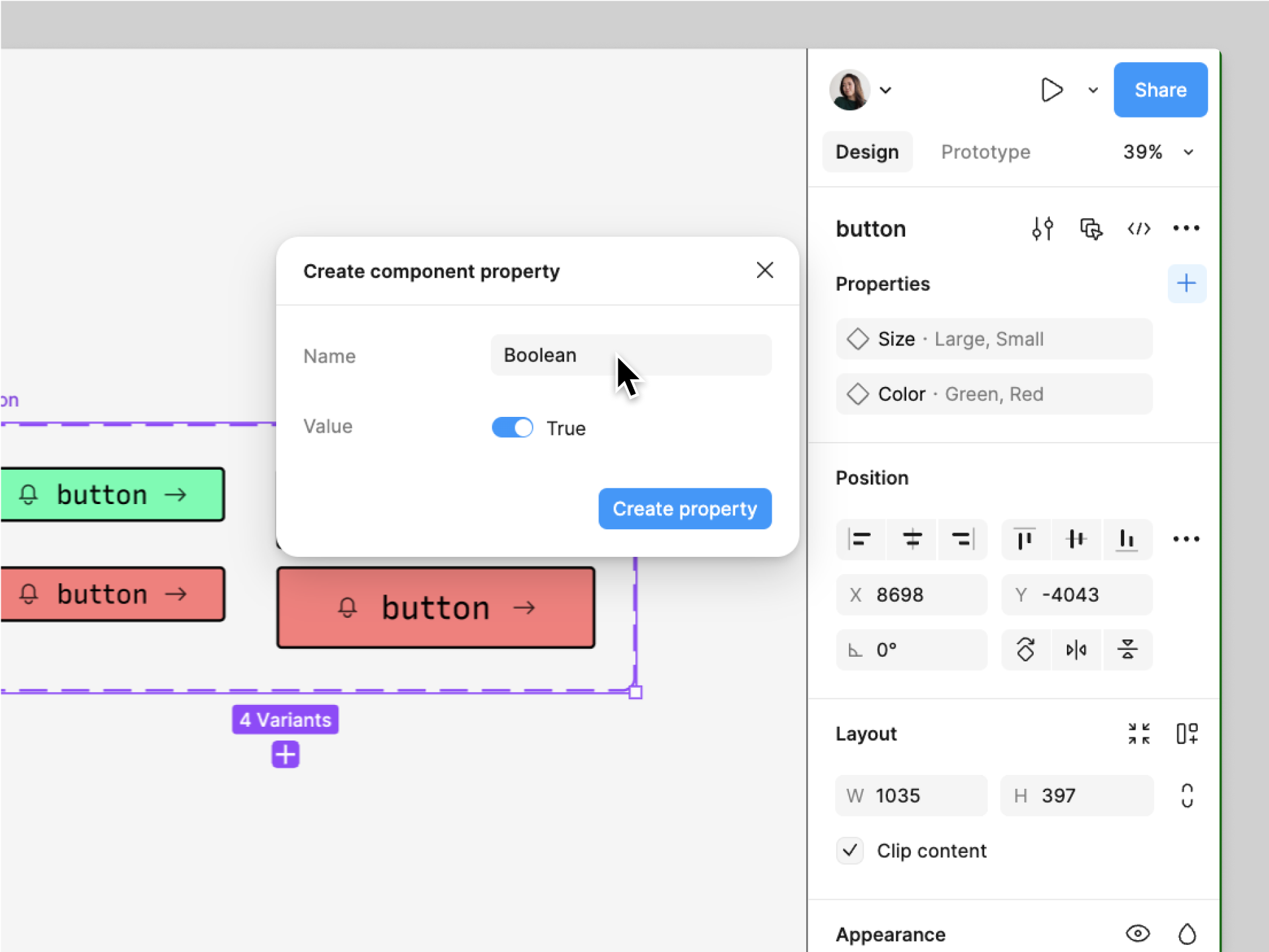 A Figma interface shows the process of creating a component property named "Boolean," with a toggle set to "True," alongside a button component set with color and size properties.
