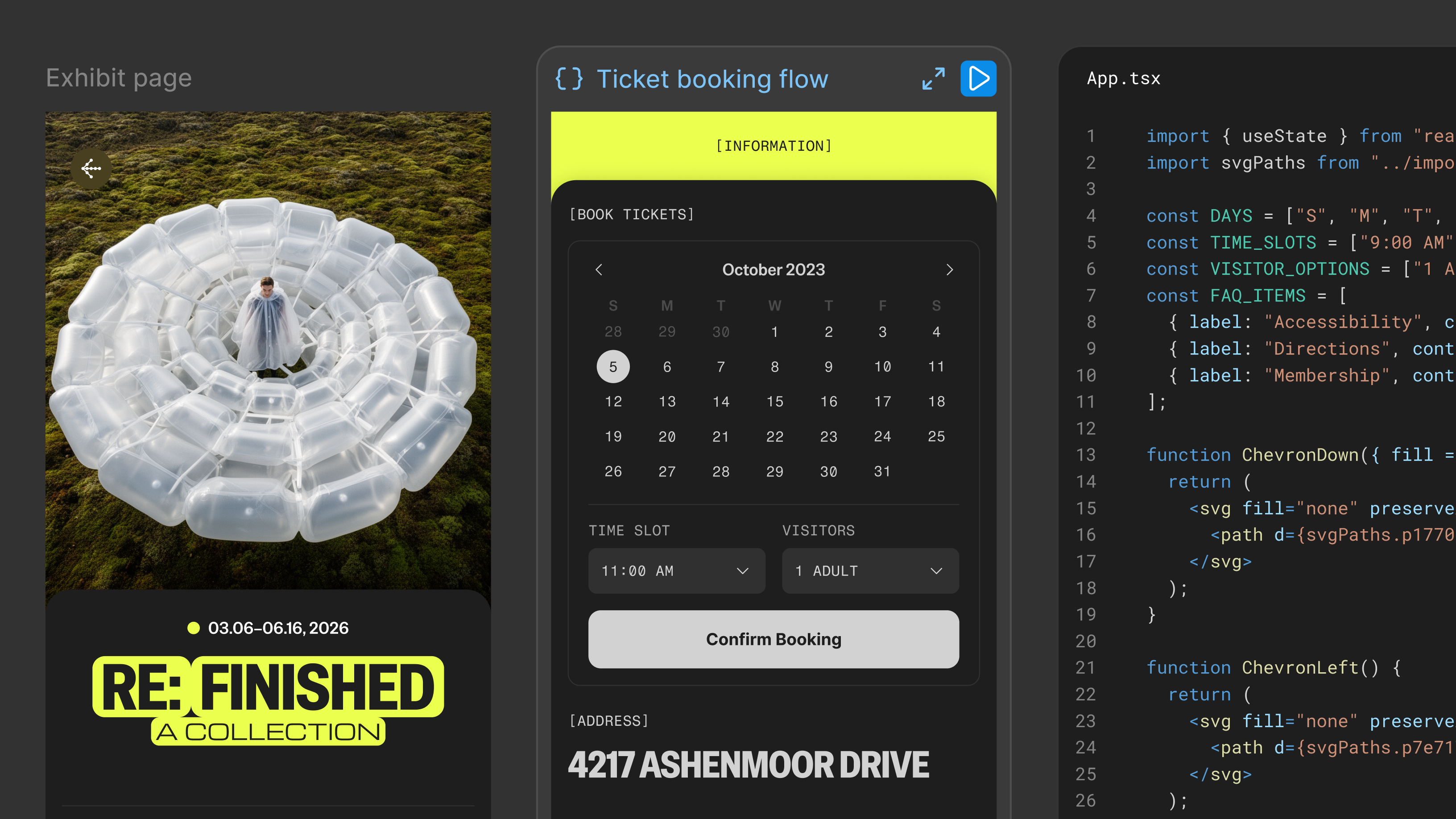 Split-screen product concept showing an exhibit webpage, a generated ticket-booking interface, and the corresponding React code implementation side by side, illustrating a design-to-code workflow.