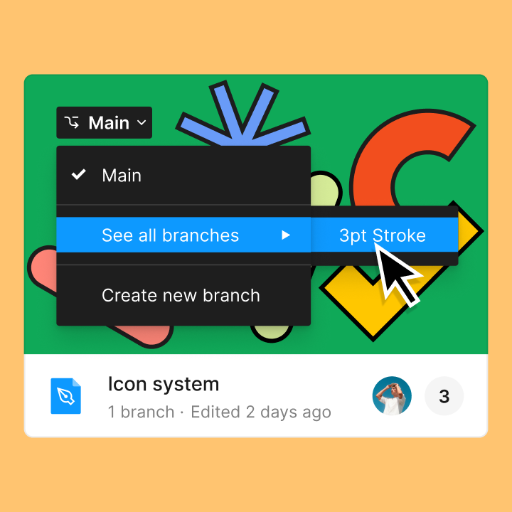 Un curseur examinant des branches pour un fichier Figma intitulé « Icon system ».