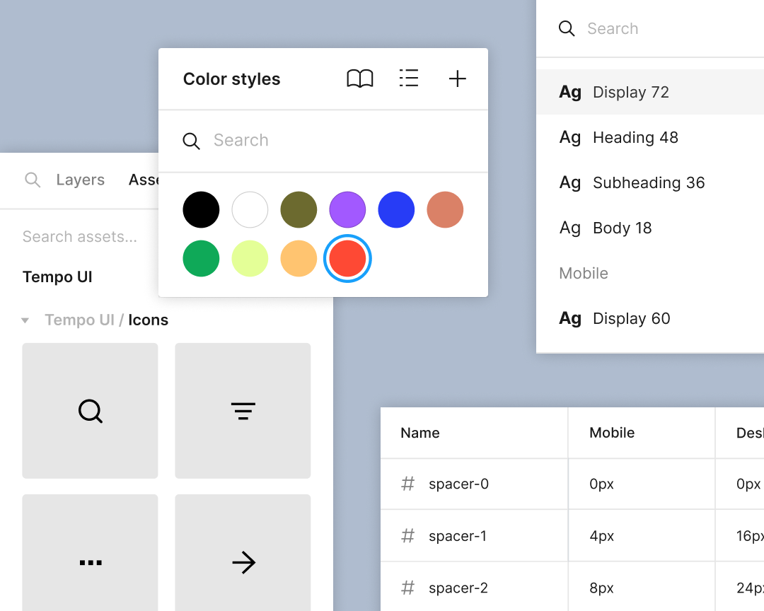 Une bibliothèque d'icônes, de couleurs, de styles de caractères et de spacers