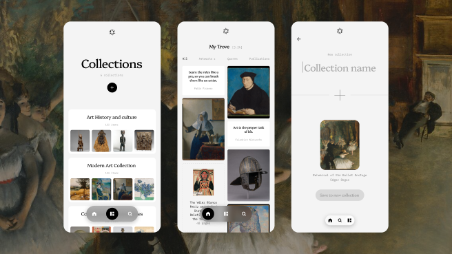 three mobile screens showing collections of art and ability to create new collection