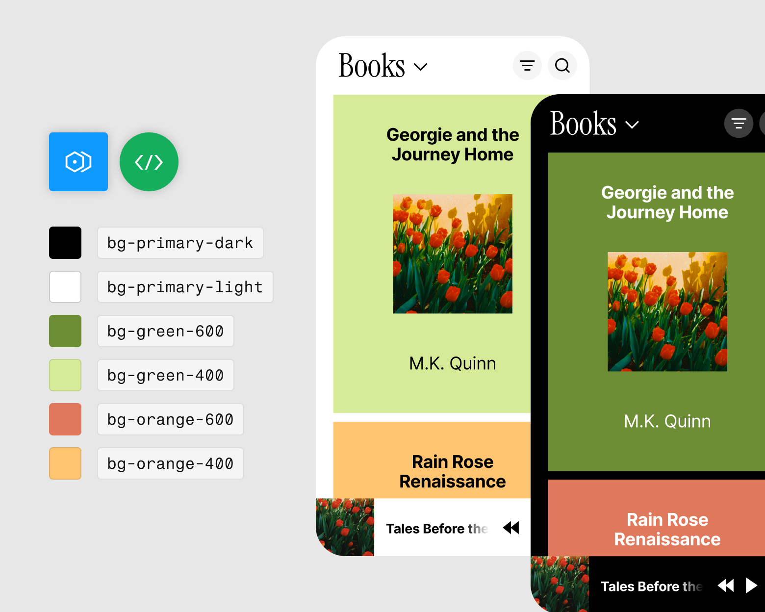 Imagens da visualização do modo claro e do modo escuro de um app para exportação