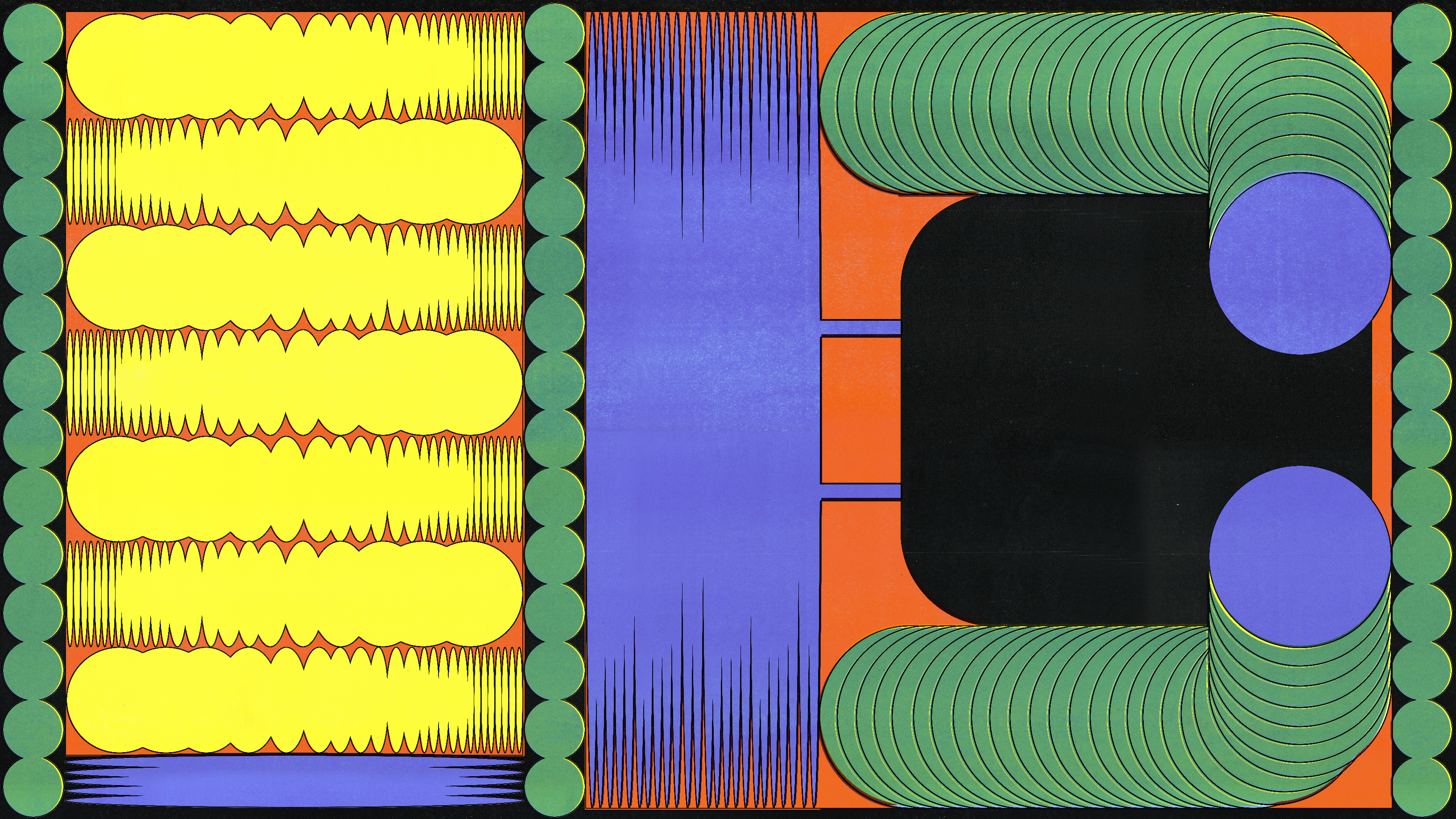 Geometric art with parallel lines, circles, and waves in yellow, green, orange, and blue.