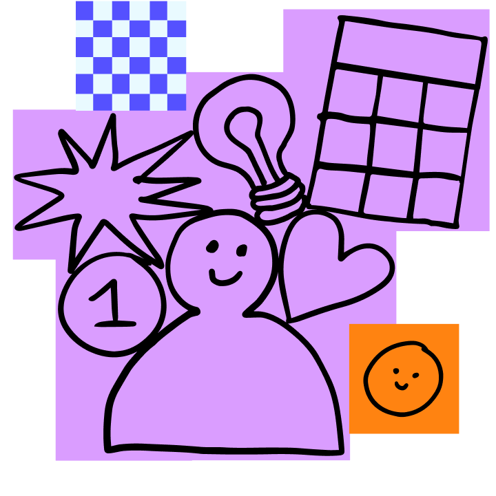 A large group of purple stickies with a hand-drawn person, calendar, lightbulb, and other shapes