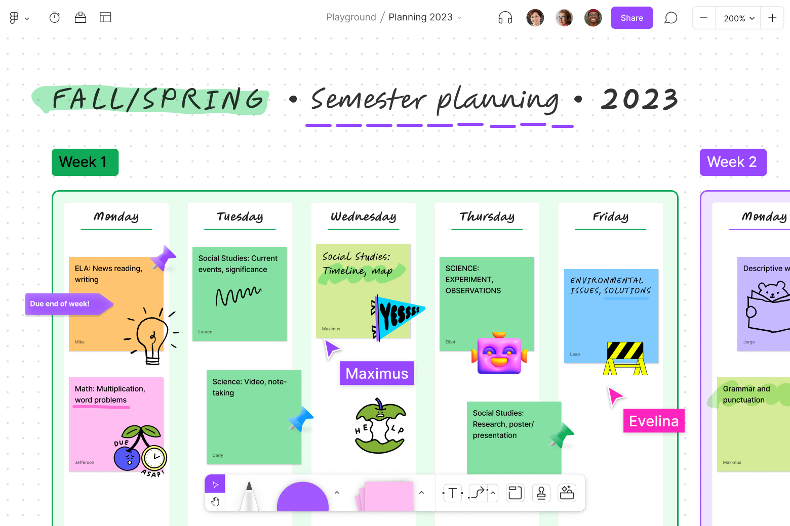 Calendario de planificación del semestre hecho con FigJam