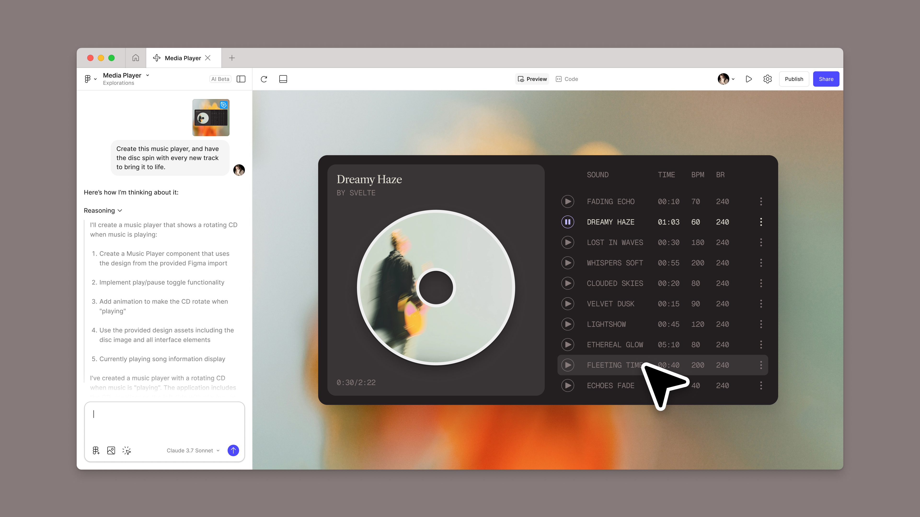 A chatbox reads, “Create this music player, and have the disc spin with every new track to bring it to life.” On the right, a CD is displayed next to a tracklist.
