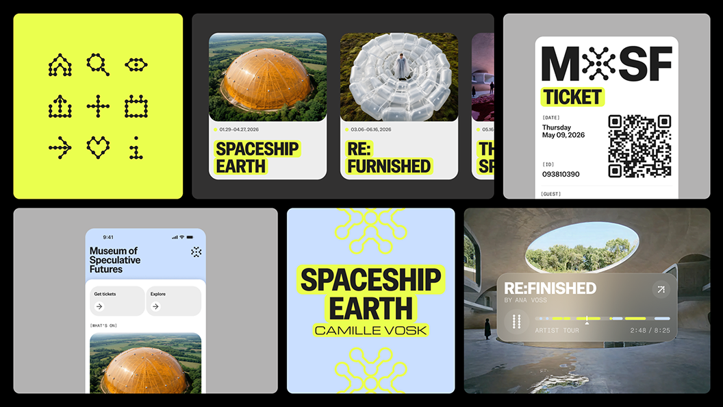 MOSF brand and product design work—icon set, exhibition cards, ticket, poster, and app screens across a range of layouts
