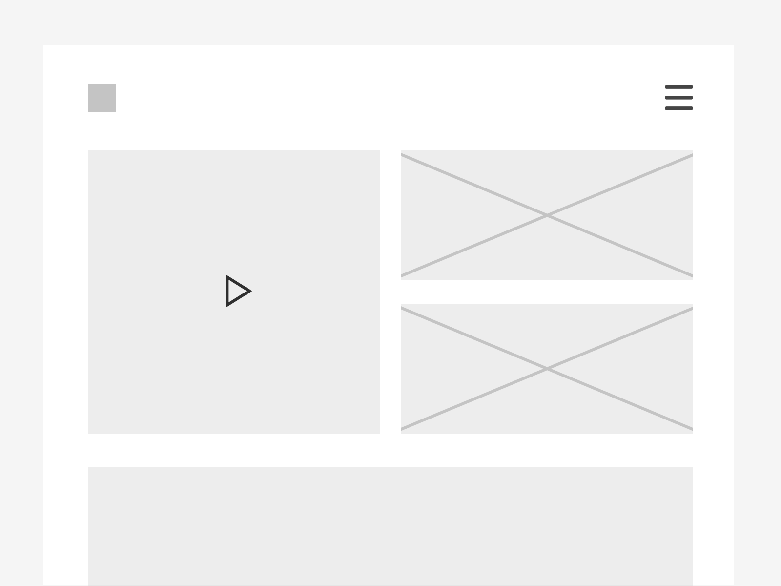 Wireframe of a webpage featuring a central grey box with a play button representing a video player, and smaller grey rectangles for images.