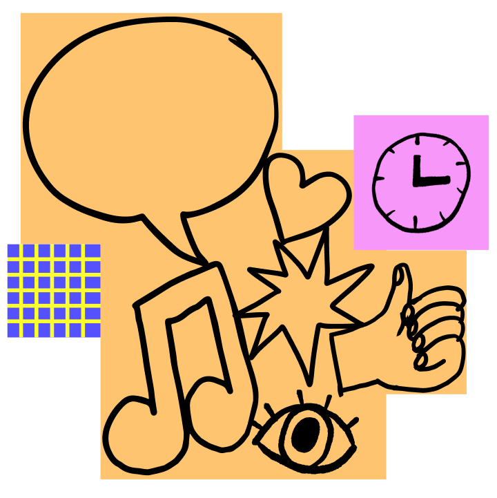 A large group of orange stickies with a hand-drawn speech bubble, heart, and other shapes