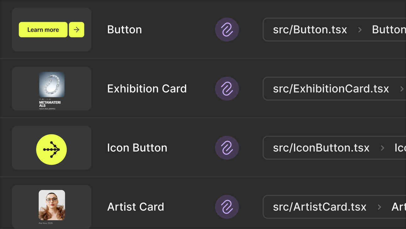 Figma Code Connect interface mapping four design components — Button, Exhibition Card, Icon Button, and Artist Card — to their corresponding TypeScript source files