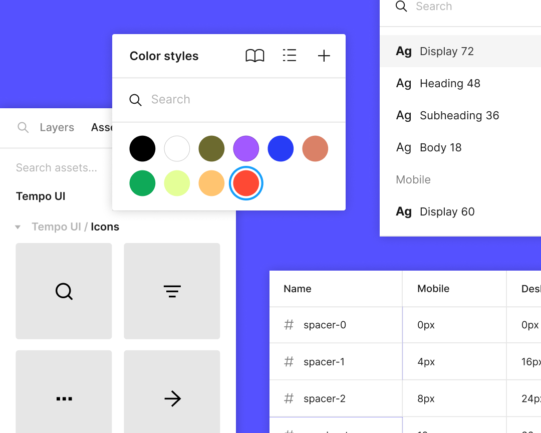 Una captura de pantalla del producto en la que se muestra una biblioteca de iconos, colores y estilos tipográficos.