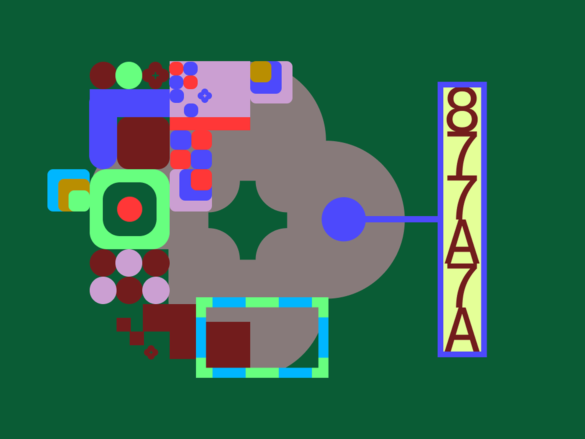 Abstract digital artwork featuring colorful geometric shapes and the sequence "877A7A" on a green background.