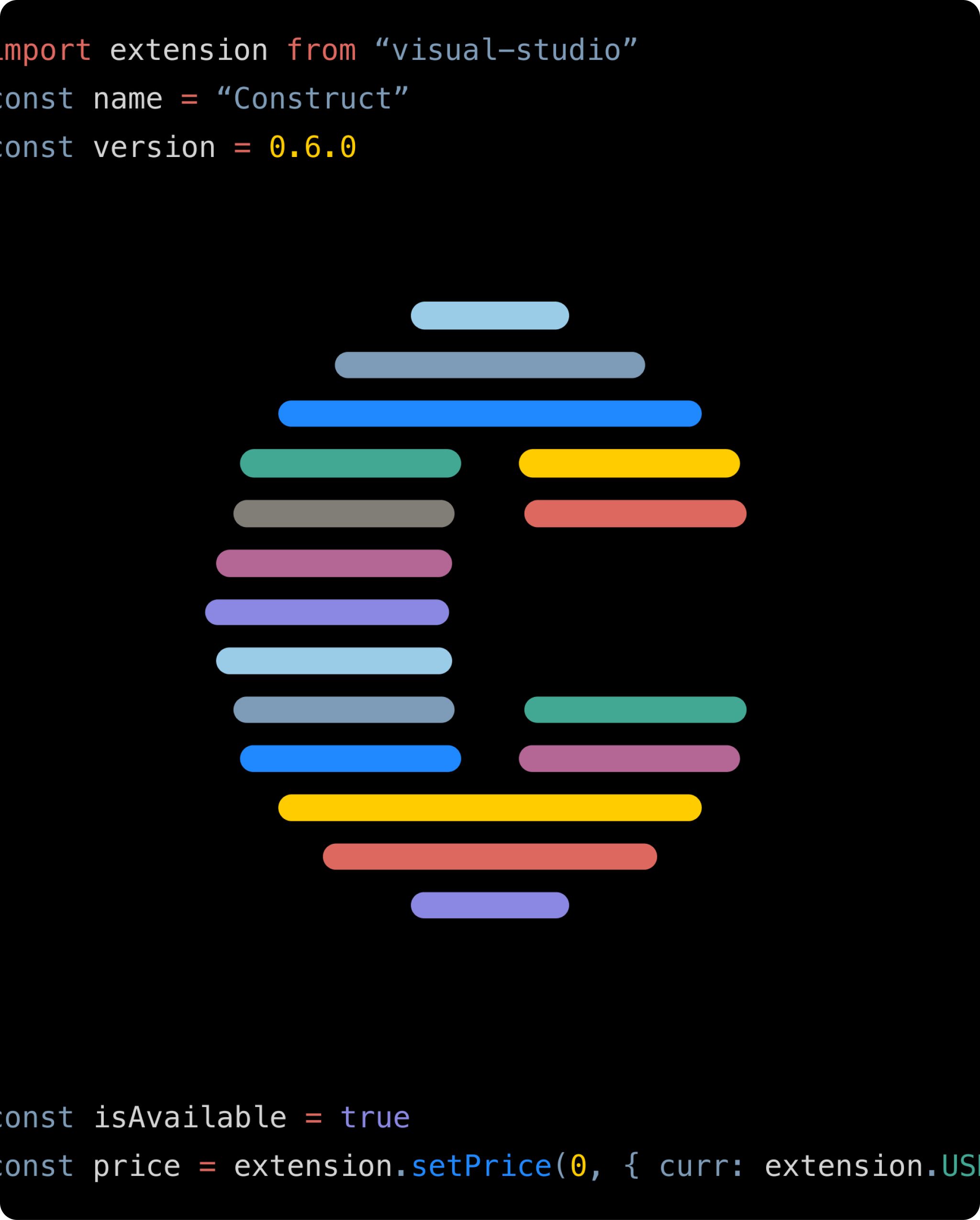 A bold 'C' logomark created using the saturated colors from the Construct theme palette. The design features clean, geometric lines and vibrant hues, reflecting the theme's balance of energy and readability.