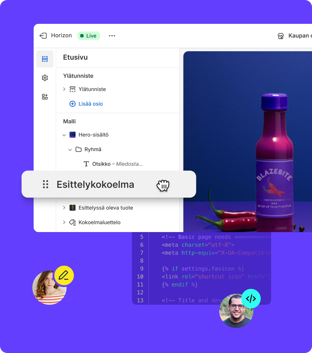 Useampi yhteistoimija rakentaa kauppaa yhdessä käyttäen Liquidia ja Shopifyn verkkokauppaeditoria