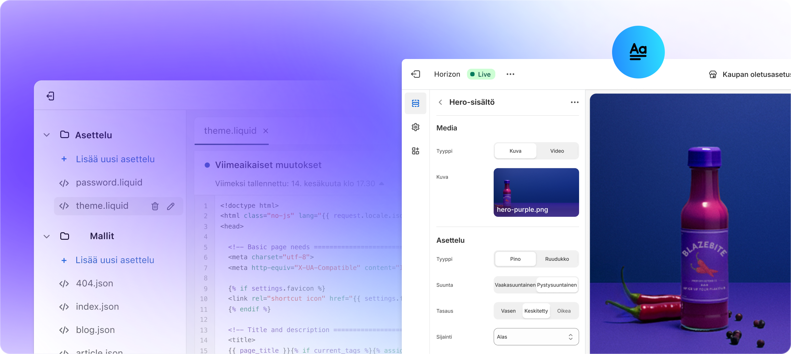 2 näyttöä: esimerkkinäyte Liquid-koodista ja Shopify-verkkokauppaeditori