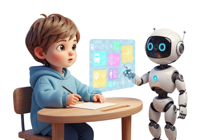 AI ロボット家庭教師と一緒に自宅で勉強している子供がホログラムのレッスンを表示し、数学の問題を手伝ってくれている  画像