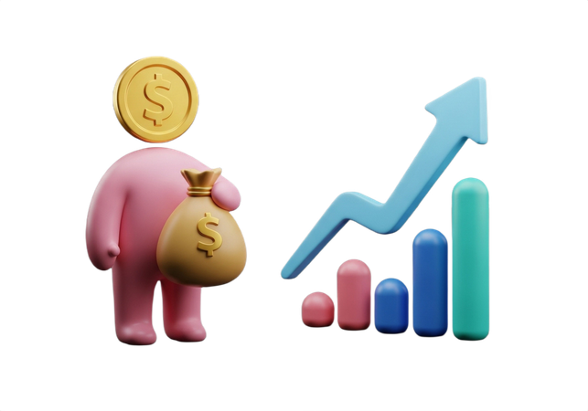 AI Fröhliches Motiv mit Dollar-Münze und Geldsack feiert finanzielles Wachstum und Erfolg in einem aufwärtsgerichteten Chart.  Bild