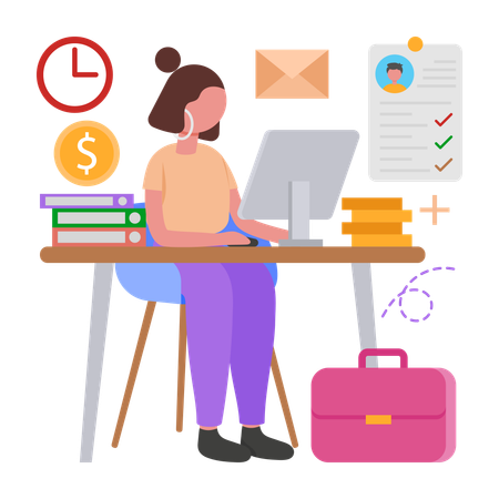 급여 관리를 하는 소녀  일러스트레이션