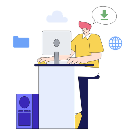 クラウドからデータをダウンロードする男性  イラスト
