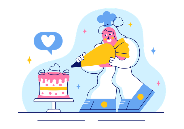 제과점 주인이 생일을 위해 페이스트리를 준비합니다.  일러스트레이션