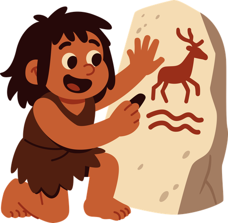 原始的な岩絵を描く小さな穴居人  イラスト