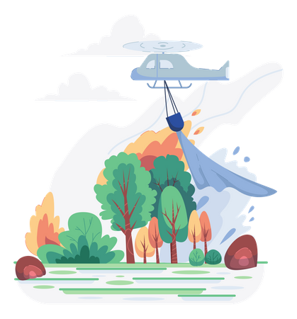 Balde de helicóptero lleno de agua para extinguir incendios forestales  Ilustración