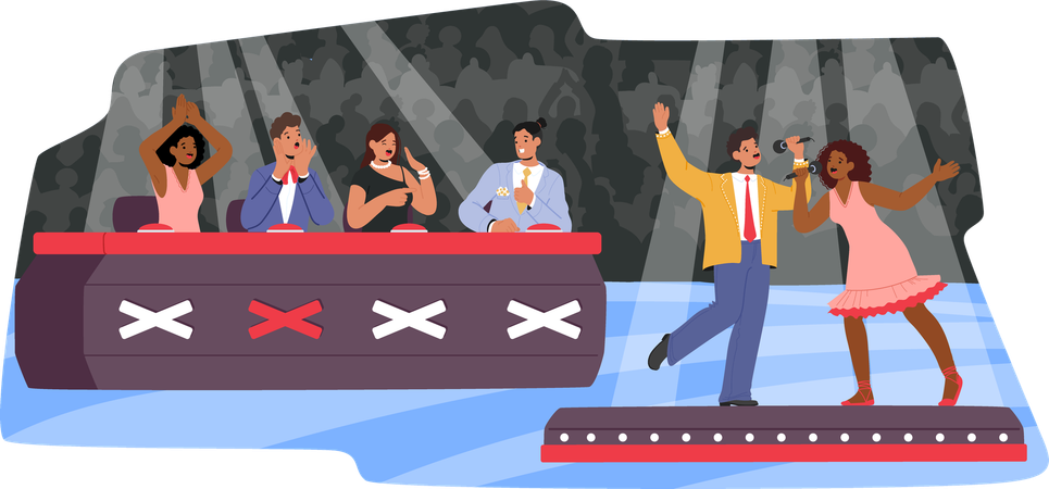 Banda vocal de pareja multirracial cantando con micrófono frente al jurado de un programa de talentos de televisión.  Ilustración