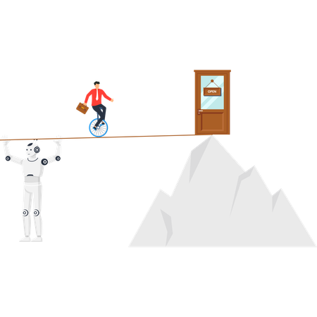 Businessman on unicycle balancing on tightrope with robot support towards business opportunity door on mountain  Illustration