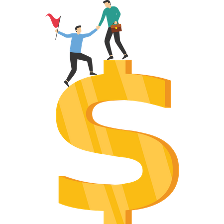 Businessman standing on top mountain with financial assistance hand  Illustration