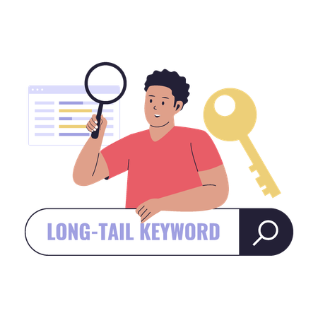 Businessman works on Long-Tail Keyword Research for SEO  Illustration