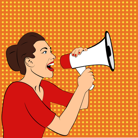 Chica del arte pop con megáfono  Ilustración