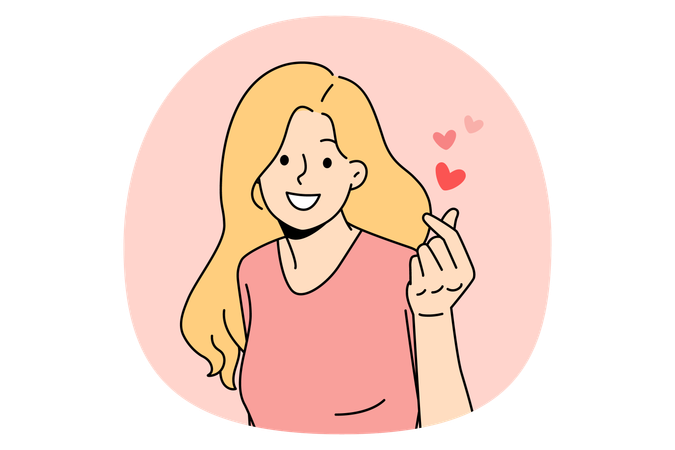 Chica joven positiva sintiendo amor y cuidado en los dedos y las manos.  Ilustración