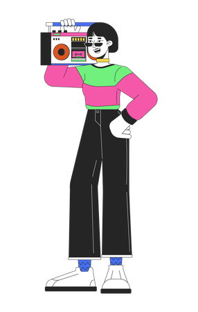 Cool asian girl carrying boombox on shoulder  Illustration