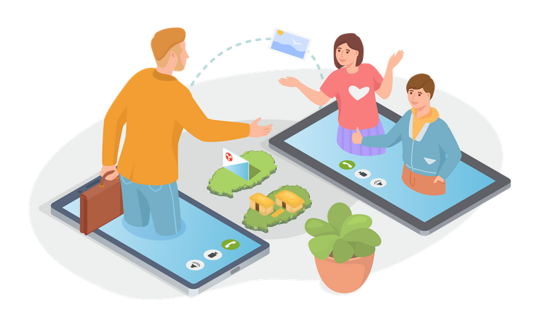 Discussion en famille sur les vacances par appel vidéo  Illustration