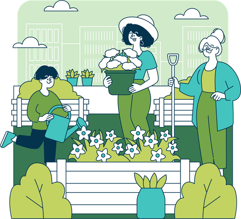 Family taking care of garden  Illustration