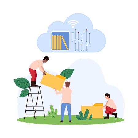 Geschäftsleute, die an einem Cloud-Bibliotheksdienst arbeiten  Illustration