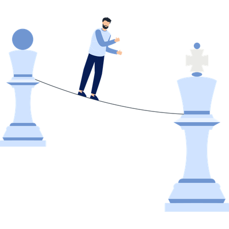 Geschäftsmann balanciert auf einem Drahtseil zwischen Schachfiguren Geschäftsrisiko  Illustration