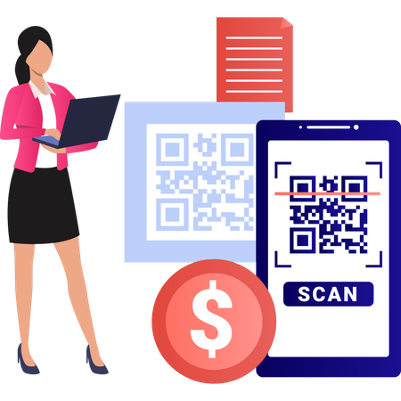 Girl is working on laptop on QR code  일러스트레이션