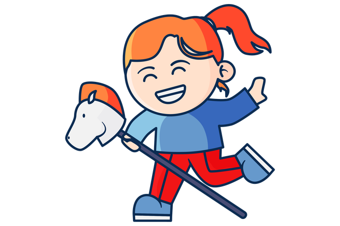 Happy Girl Playing Cowboy Riding Stick Horse  Illustration