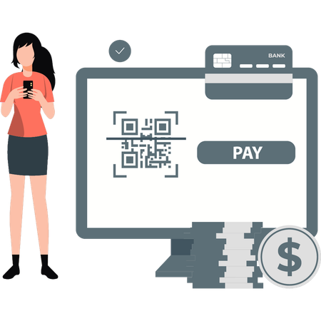 La chica está usando el teléfono para pagar con tarjeta.  Ilustración