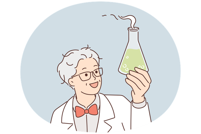 Laborassistent hält Kolben mit grüner rauchender Flüssigkeit, während er eine chemische Reaktion untersucht  Illustration