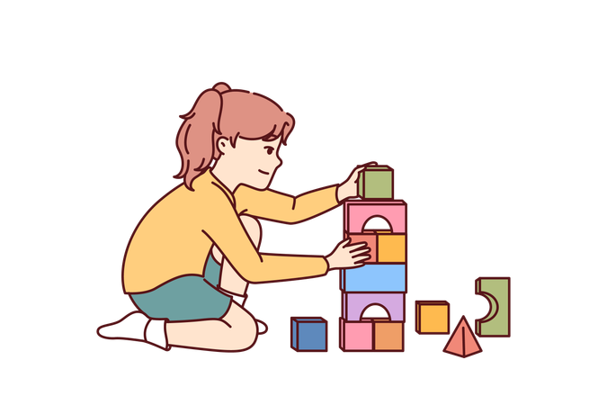 Little girl plays sitting on floor and builds toy bricks  일러스트레이션