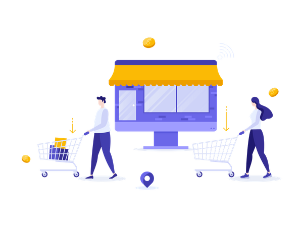 Man and woman with shopping carts  Illustration