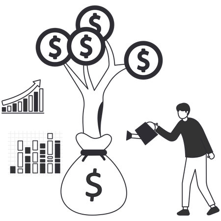 Man watering money tree with gold coins growing from money bag investment growth  Illustration