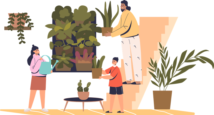 Mother with kids caring for home plants  Illustration