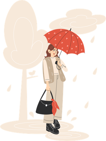 Mujer joven con abrigo rojo caminando con paraguas amarillo en un parque lluvioso de otoño  Ilustración